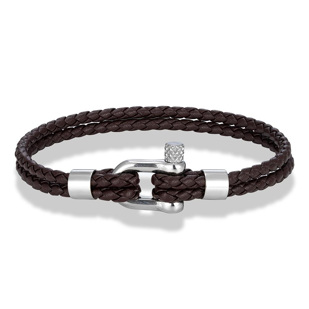 MKENDN Black Stainless Steel Shackle Bracelet Double Layer Blue Leather Handmade Nautical Jewelry for Men Women