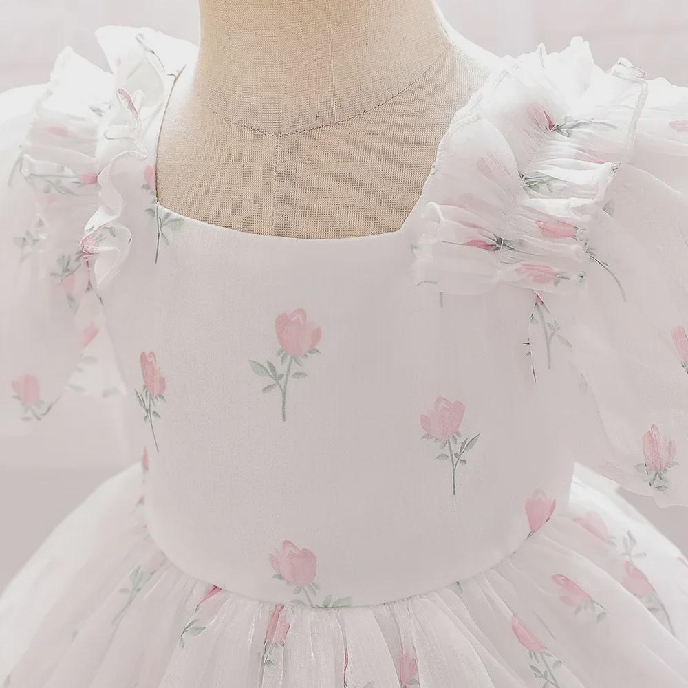 Flower Girl Princess Dress with Puff Sleeves and Floral Mesh Tulle Skirt for Weddings and Birthdays