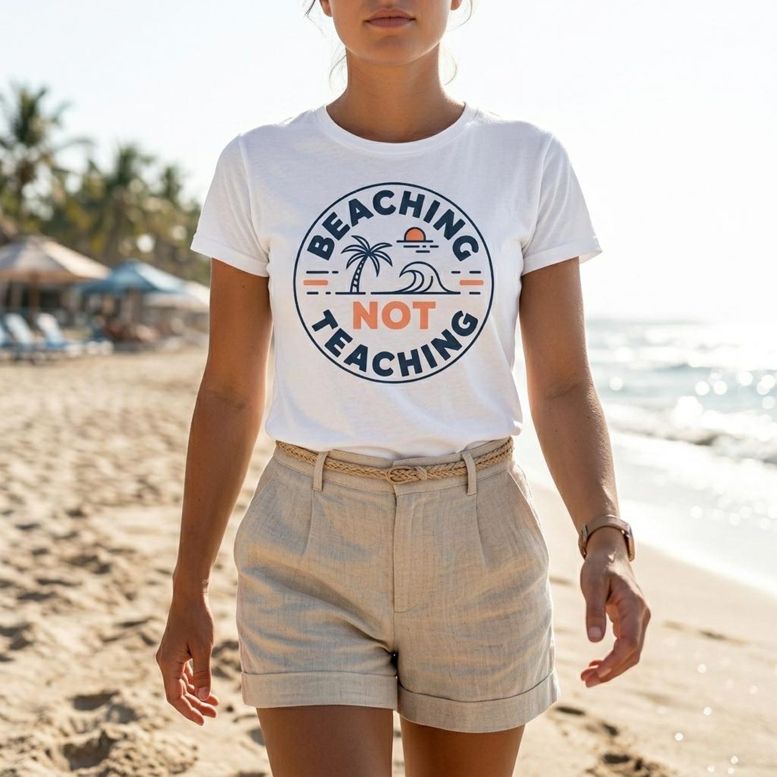 Beaching Not Teaching T-Shirt, Summer Teacher Vacation Gift, Funny Beach Teacher Graphic Tee, Funny Teacher Summer Break Tee Gift M