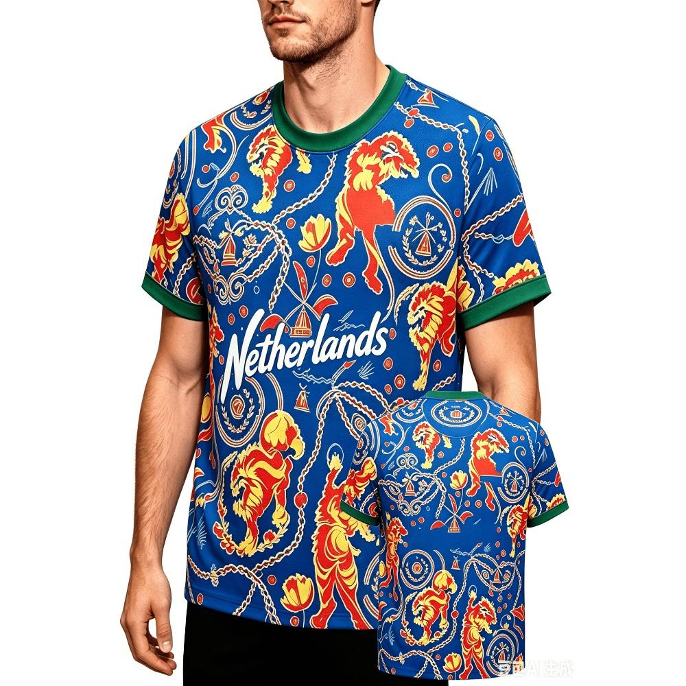 Sommer Sport Fußball T-Shirt Niederländischer Fußball Druck Fußballtrikot Herren Lässiges T-Shirt Atmungsaktiv Herren Damen Kurze Ärmel Oberteil L blue