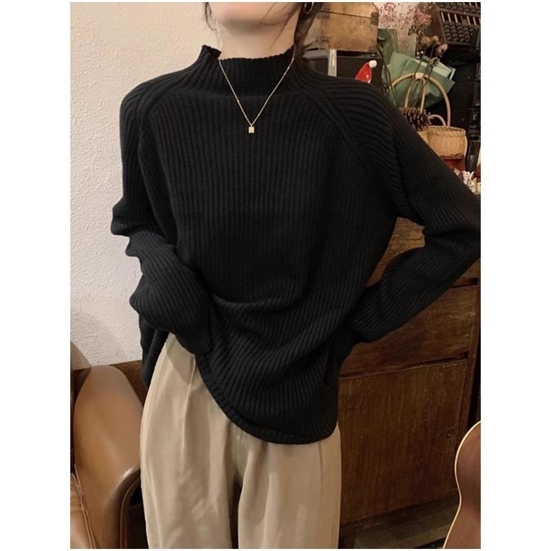 

Осень и зима новый однотонный универсальный трикотажный свитер с полувысоким воротом для женщин, свободный внутренний пуловер One Size чёрный
