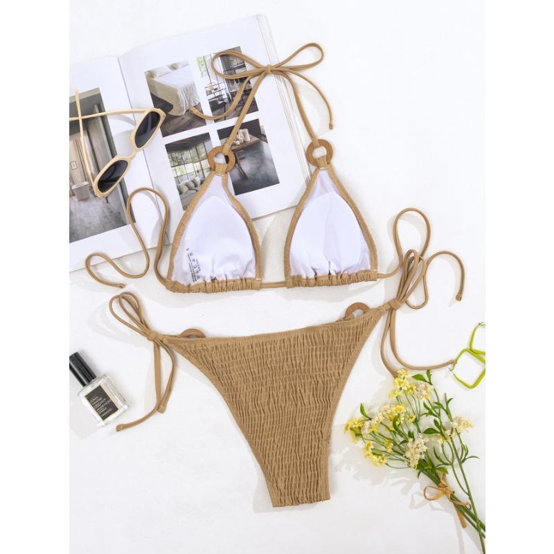 2025 New Two-piece Bikini Made of Nylon with A Sexy Solid Color Tie Rope for Beach Ladies