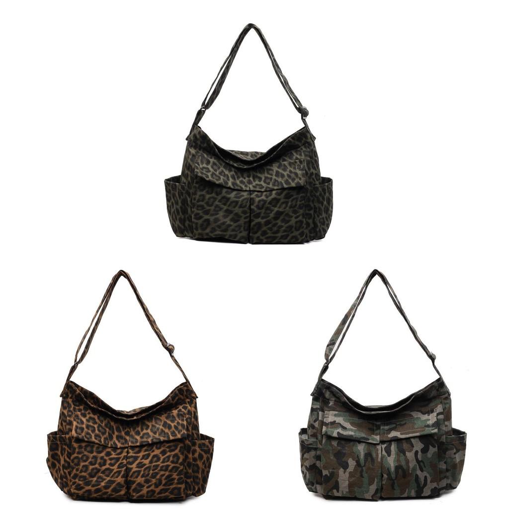 Camouflage Canvas Tote Bag With Leopard Pattern And Zipper Closure For Casual Outings