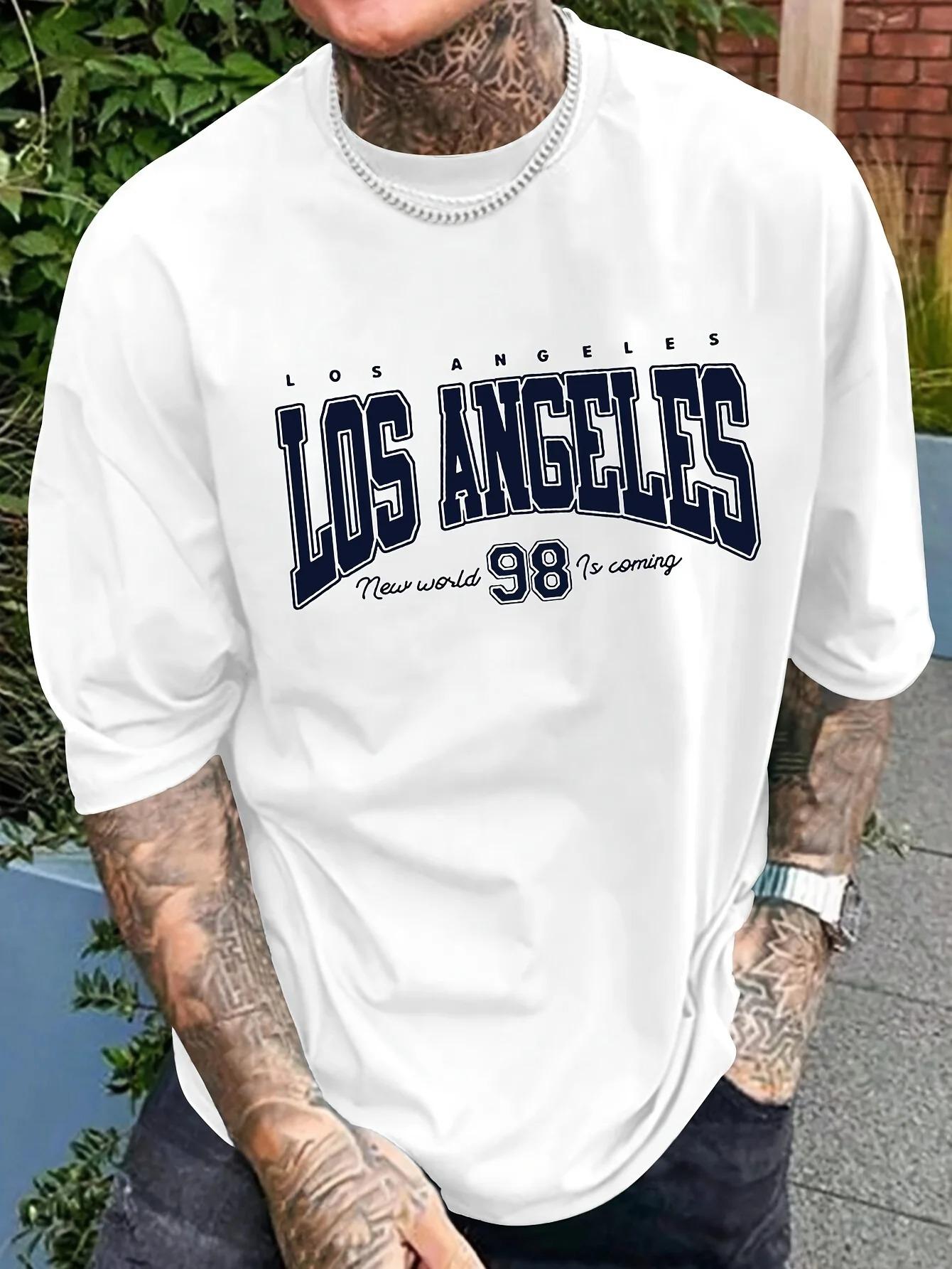 Men Los Angeles Pattern Tshirt SummerPure Cotton Casual Roundneck Shortsleeved Regular Fit Summer Street Style Clothing Style S