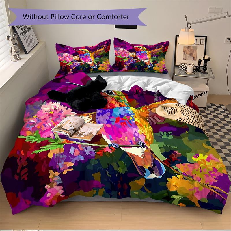 3pcs Hummingbird in a Vibrant Garden Quilt Cover Set - Soft & Comfortable Polyester Fabric, All-Season Breathable Comforter Set For 1 Quilt Cover
