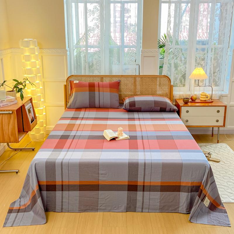 3Pcs 100% Cotton Simple Plaid Pattern Bed Sheet Set Skin-friendly Comfortable Geometric Printed Flat Sheet with Pillowcases