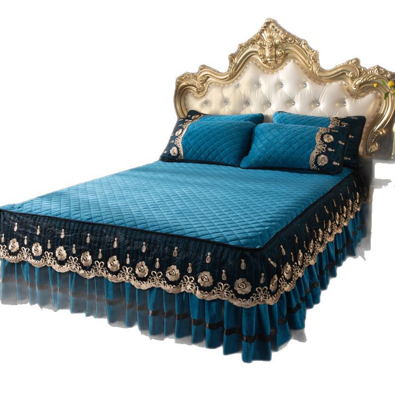European Crystal Velvet Quilted Bed Skirt - Autumn/Winter Thick Lace Bedspread, Non-slip Flannel, 1.5m/1.8m Bedding Set