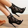 Women's Black Stiletto Heeled Sandals with Peep Toe and Laser-Cut Fishnet Design  High Heel Rubber Sole Dress Boots for All Seasons, High Heel Sandals