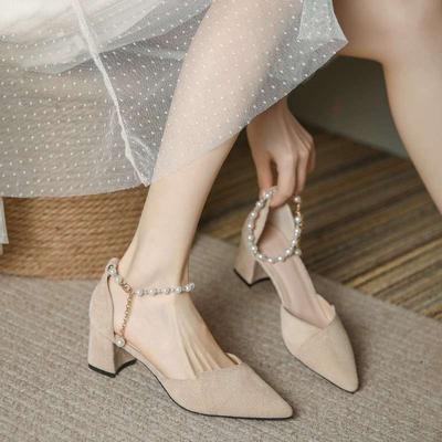 French Temperament High Heels Women's Thick Heel Summer Fairy Style Gentle Bridesmaid Single Shoes Pearl Sandals Women's Medium Heel Small Size