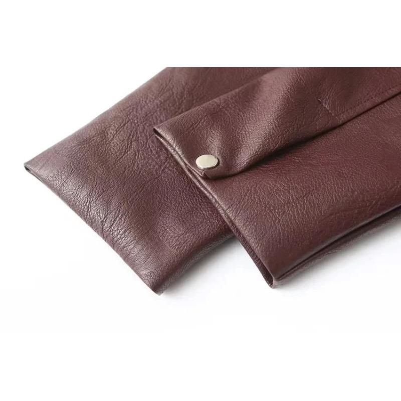 Vintage Solid Color Lapel Zipper Leather Outwear Casual Long Sleeved Elastic Short Women Coat Fall Commuting Street Jacket