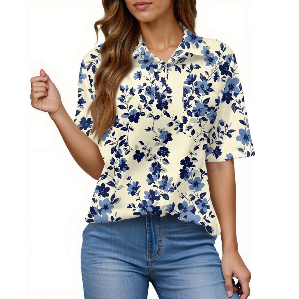 Women's Fashion Casual Button Pocket Shirt Short Sleeve Print Lapel Top