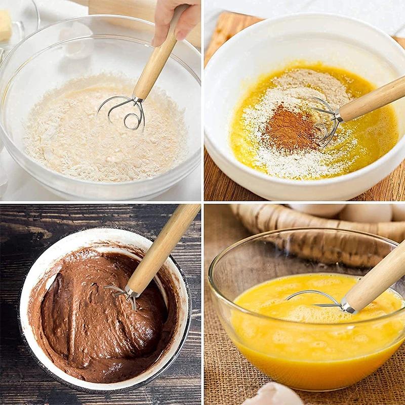 Wooden Handle Danish Dough Whisk Pastry Blender Stainless Steel Dutch Style Bread Dough Hand Mixer Kitchen Baking Tools
