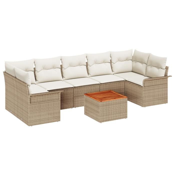 VidaXL Ensemble de canapé de jardin 8 pièces avec coussins Beige Poly Rattan Acacia 3347295