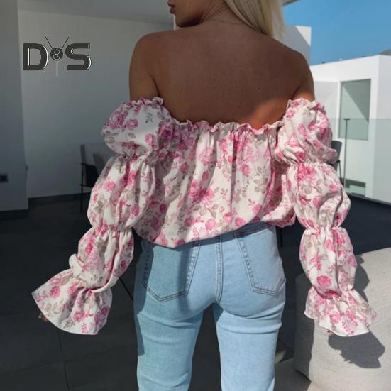 Koszula Damska Odkrywająca Ramiona Rozkloszowany Długi Rękaw Design Pulowerowe Topy Kwiatowy Nadruk Luźny Krój Koszula Casual Odzież Biurowa
