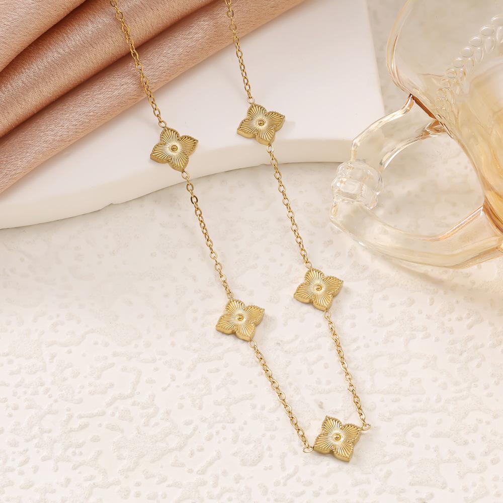 Elegant 18K Titanium Steel Jewelry Set: Laser Stripe Clover Bracelet, Necklace & Stud Earrings