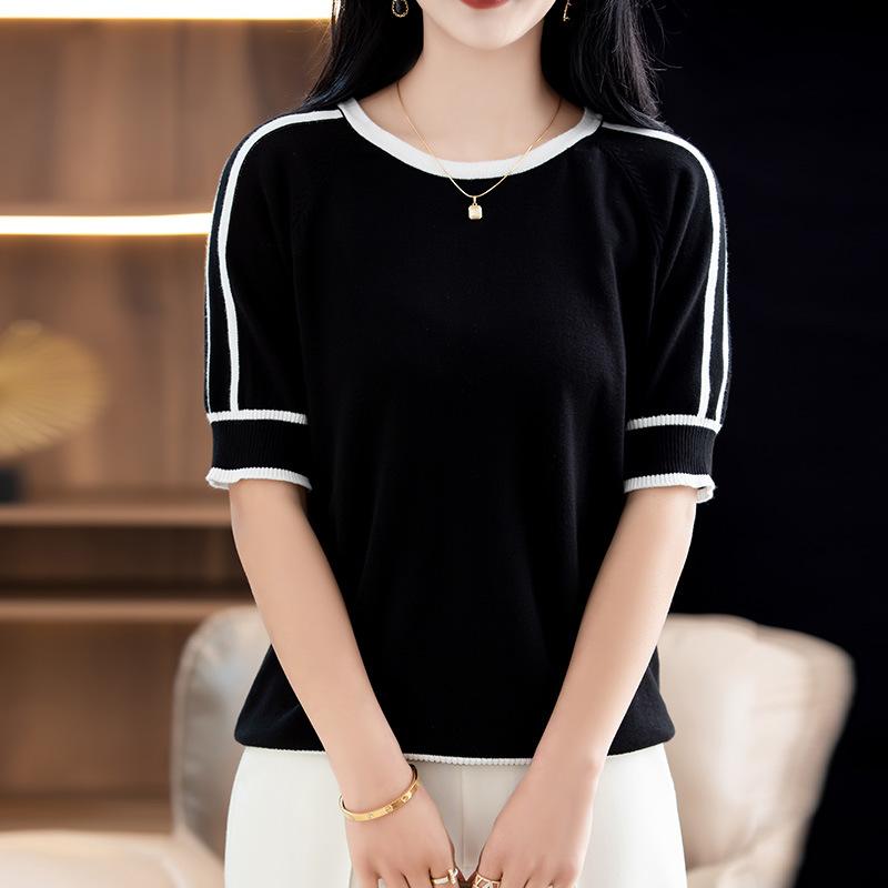 Round Neck Cotton Thread Color-blocking Knitted Short-sleeved Women's Summer New Korean Loose Versatile Simple Sweater Top