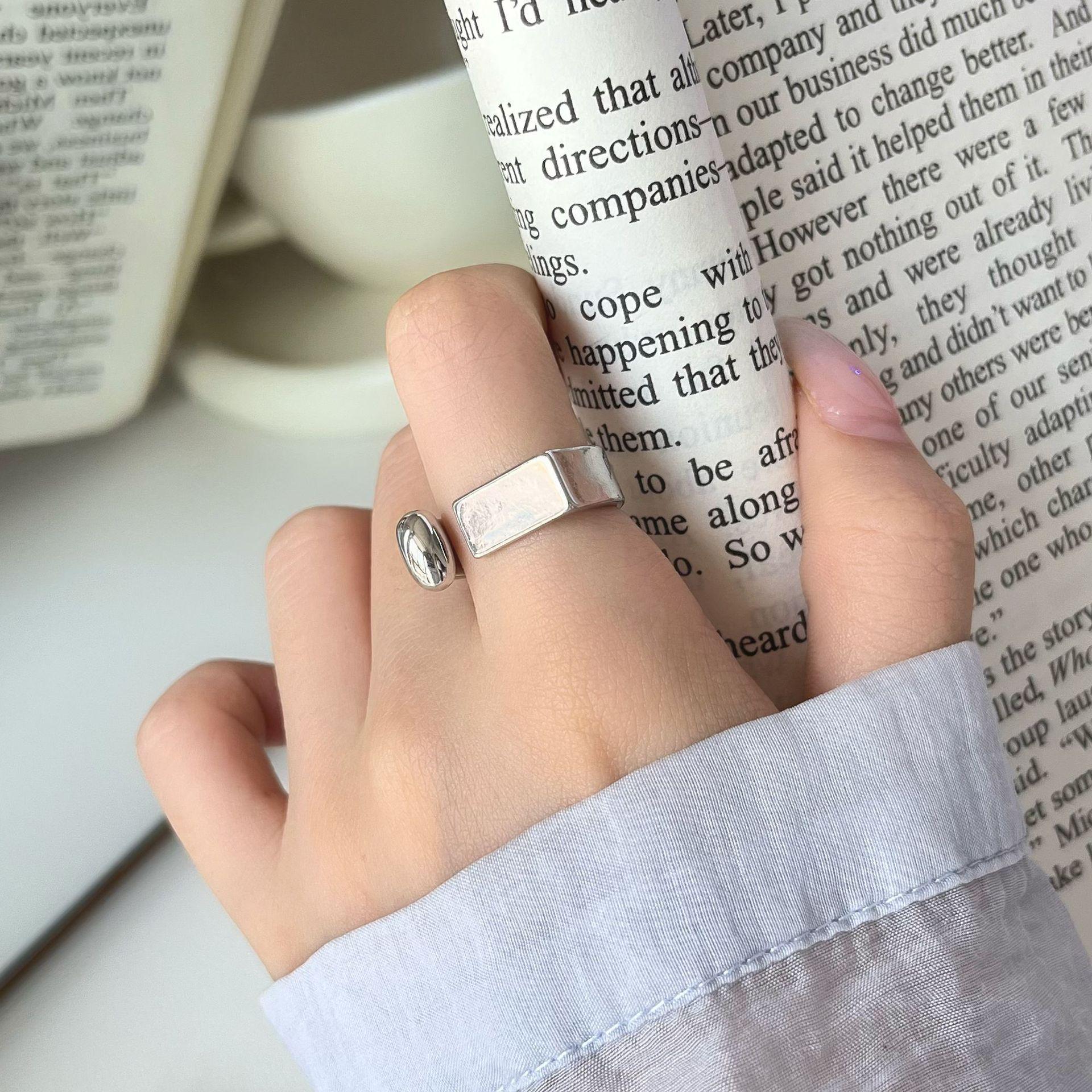 Designer Geometric Open Ring: Asymmetrical Square, Round, Sphere & Cube Elements Adjustable Open Ring