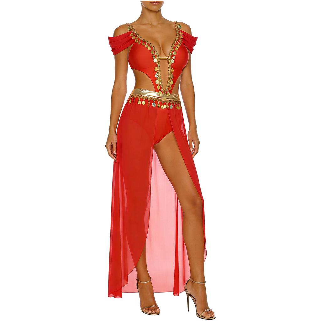 Ladies India Dance Costume S-3XL Sequin Tassel Bodysuit Dress V Neck Cutout Open Front Chiffon Hem with Built-in Shorts for Belly Dance