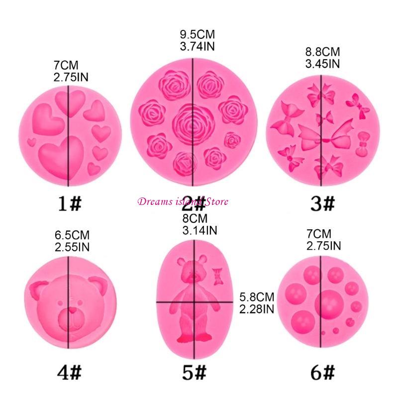6pcs Bear Heart Bowknot Shaped Fondant Cake Silicone Mold Pastry Chocolate Mould Candy Ice Cream Mold DIY Baking Tool HX6C