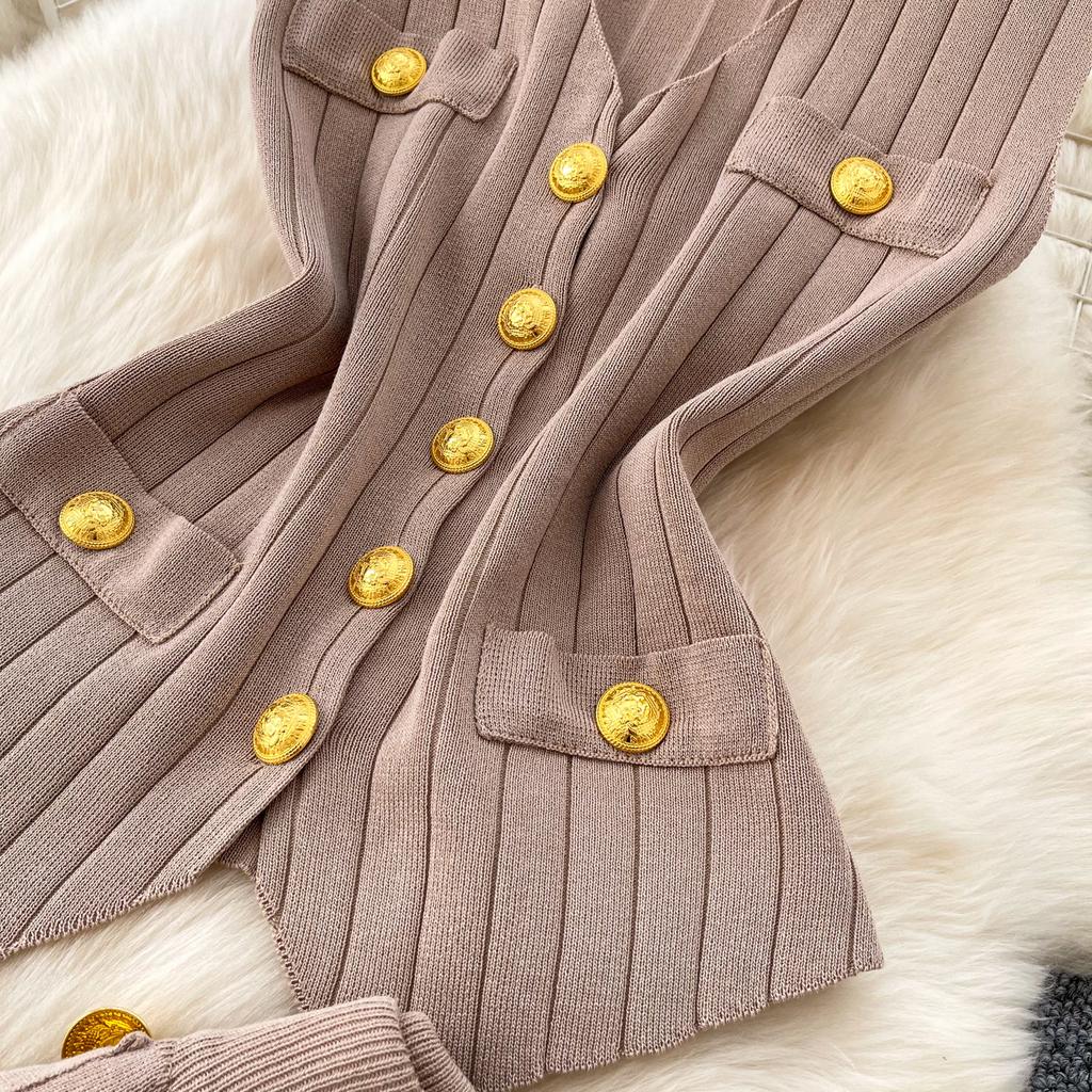 Casual Knitted Sweater Two Piece Sets for Women Metal-button V-neck Sleeveless Fitted Versatile Knit Top and Casual Pants Set