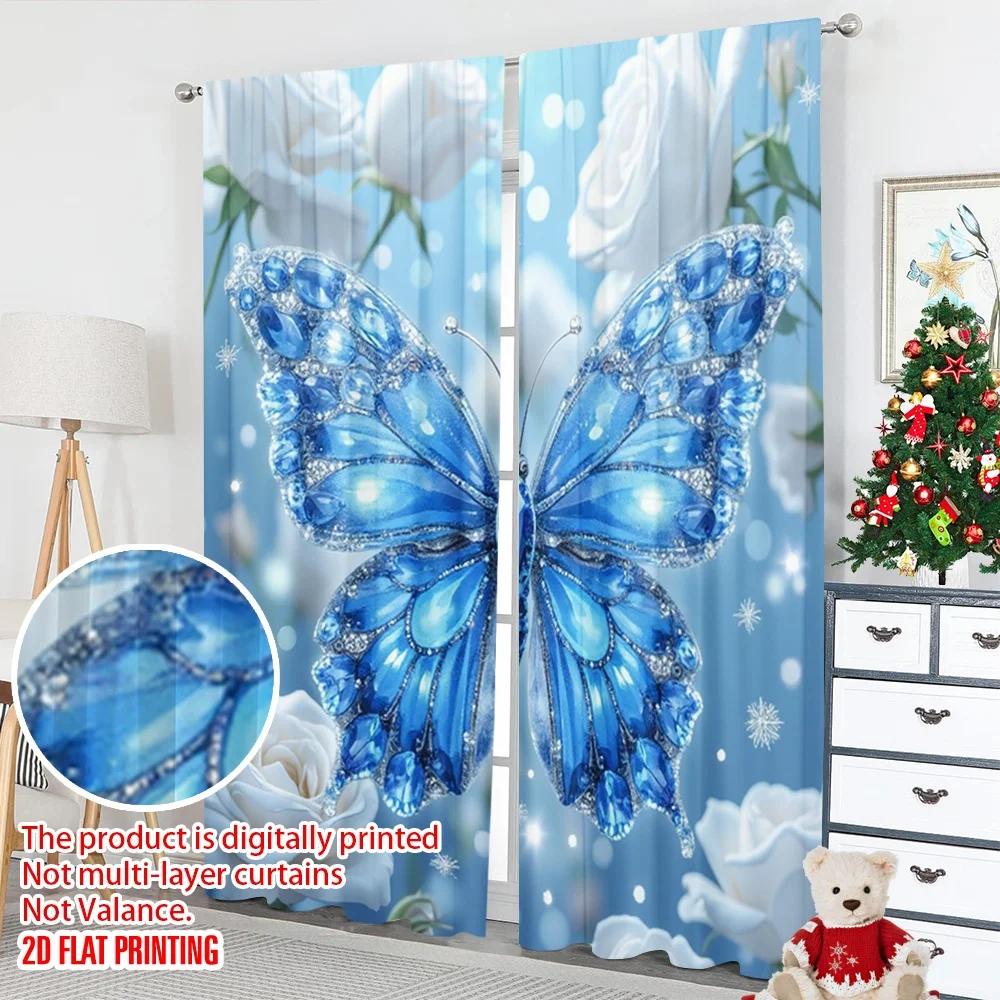 Set Of 2 Flat Printing Scene Curtains Diamond Butterfly Blue Roses Digital Printed Polyester Drapes Holiday Decorations Curtain