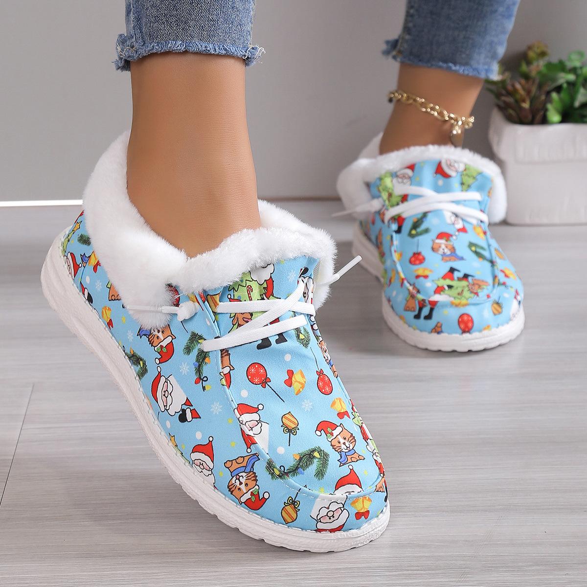 

Рождественские хлопковые туфли с принтом женские зимние новые большого размера женские туфли на шнуровке с круглым носком бархатные теплые хлопковые ботинки 44