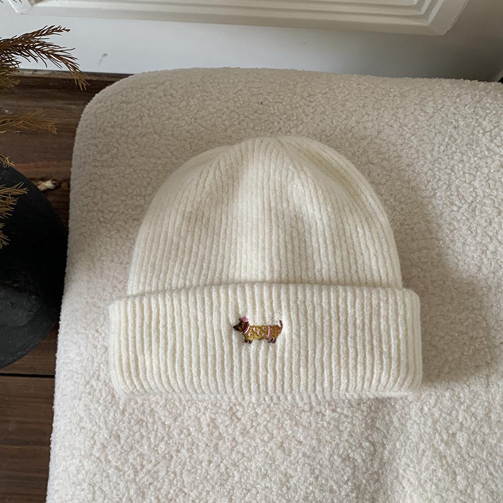 Women'S Dog Embroidered Knitted Beanie Thickened Winter Warm Hat Cold-Proof Fuzzy Lined Beanie For Women New