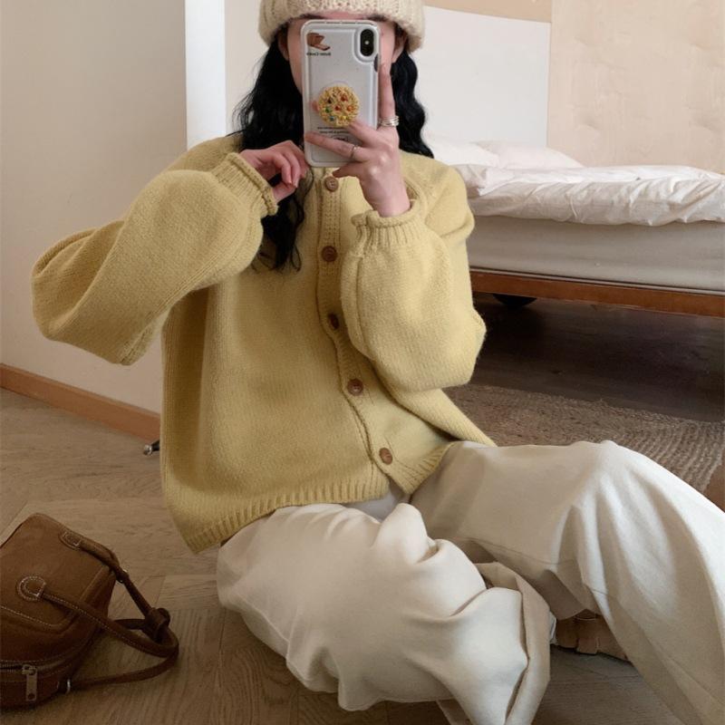 Autumn and Winter New Simple Style Solid Color Versatile Knitted Cardigan Loose Lazy Style Sweater Jacket Top