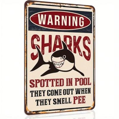 Placca Metallica Umoristica da Biliardo, Decorazione Vintage "Shark Comedy Pool Safety", Accento Artistico per la Casa per Appassionati di Comicità e Amanti del Biliardo