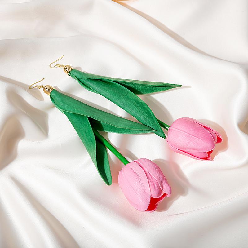 Silver Needle Exquisite Pink Tulip Floral Stud Earrings for Women - Sweet Romantic Jewelry