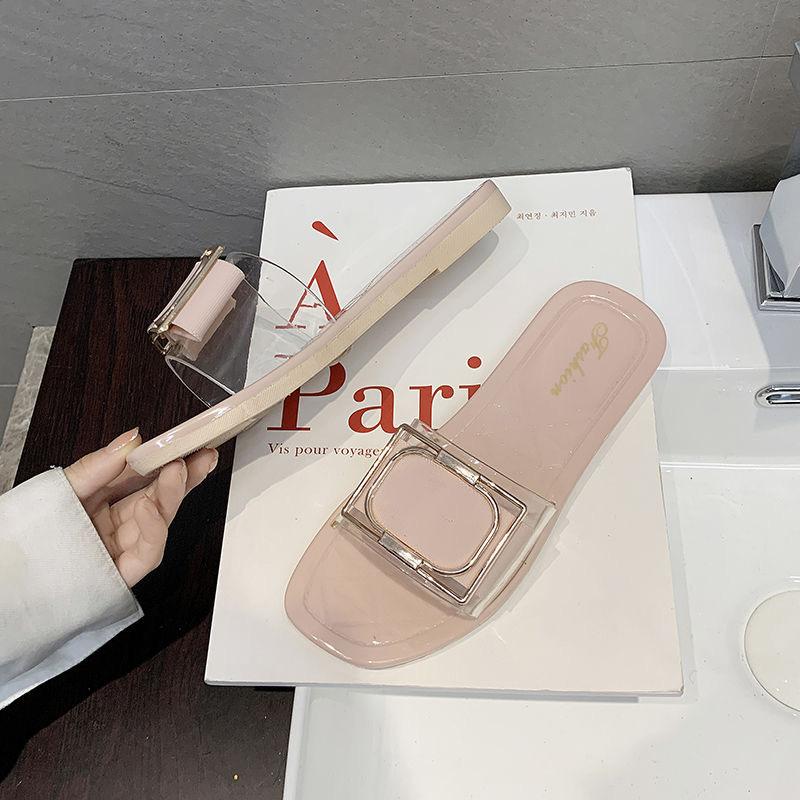 Versatile trend non-slip square buckle slippers women's outer wear summer  fashionable transparent casual and comfortable slippers
