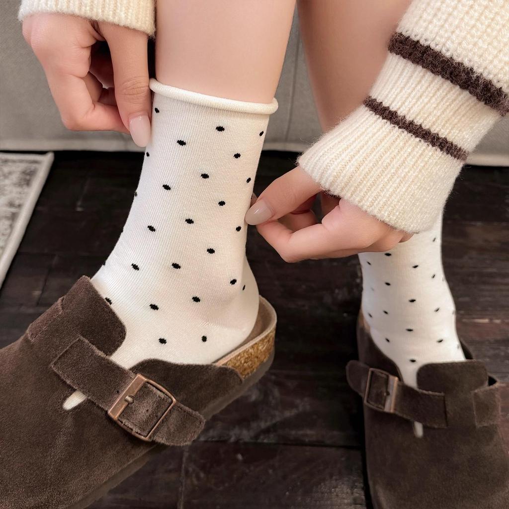 Women's Rolled Edge Polka Dot Mid-Calf Cotton Socks - Pairs Well with Birkenstock Shoes, Loose Fit, Slouchy, Casual Style