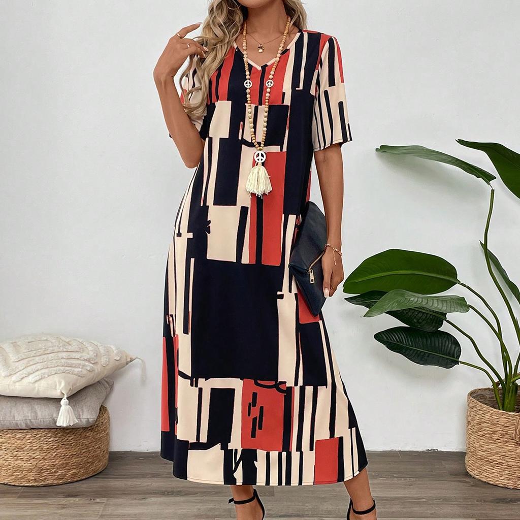 Summer New Women's Floral Print V-neck Short Sleeve Loose Long Midi Dress Casual European American Style for Women