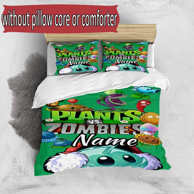 3pcs Duvet Cover Set (1*Duvet Cover + 2*Pillowcase, Without Core), Custom Name Plants Vs. Zombies Pattern Bedding Set, Home Bedroom Decor Gift