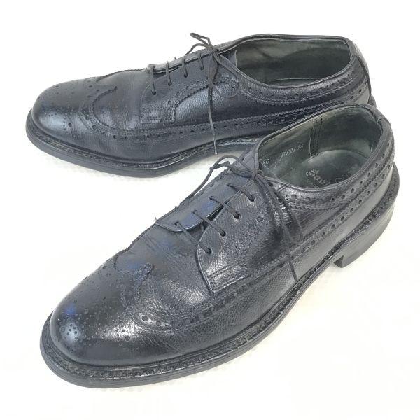 USED/60s-70s USA Bootmaster Thom McAn Pebbled Leather Long Wingtip Shoes 26.5-27cm Black