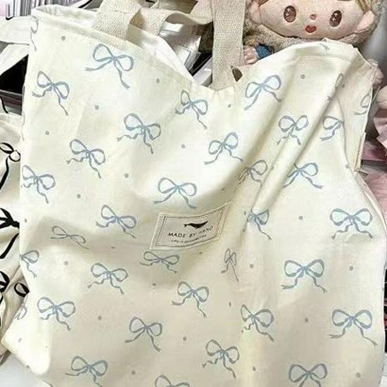 Retro Korejský Styl Plátěná Taška s Mašlí - Velká Ramenní Taška na Jarní/Letní Dovolenou