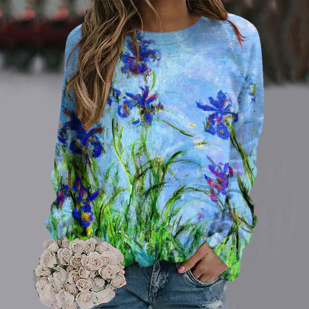 Fashionable Retro 3D Floral Print Women's Casual Round Neck Long Sleeved T-shirt