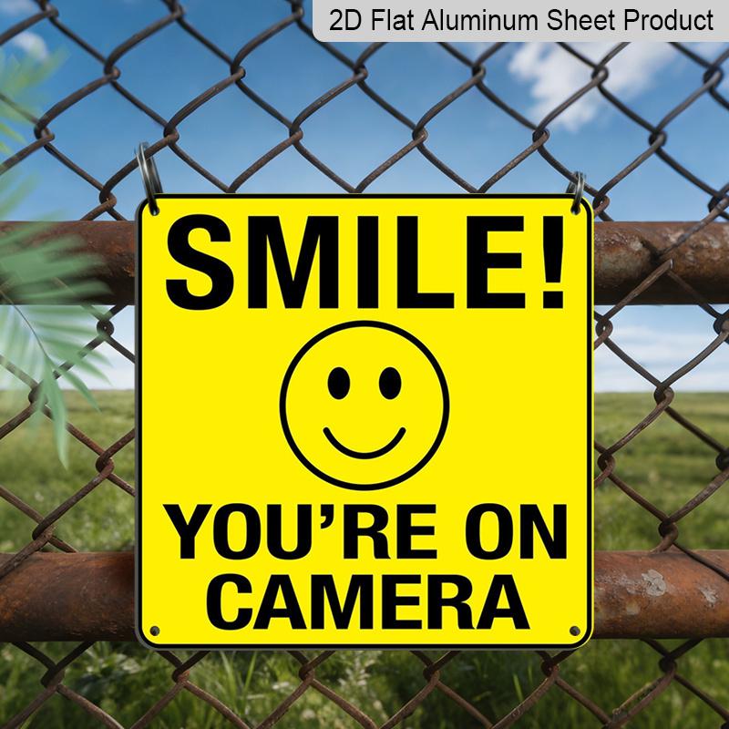 

2D Flat 1pc, Smile You Re on Camera Sign Funny Metal Sign Novelty Road Sign Wall Decoration Metal Plaque, for Outdoor Indoor, Fence Home Farmhouse 20*20cm
