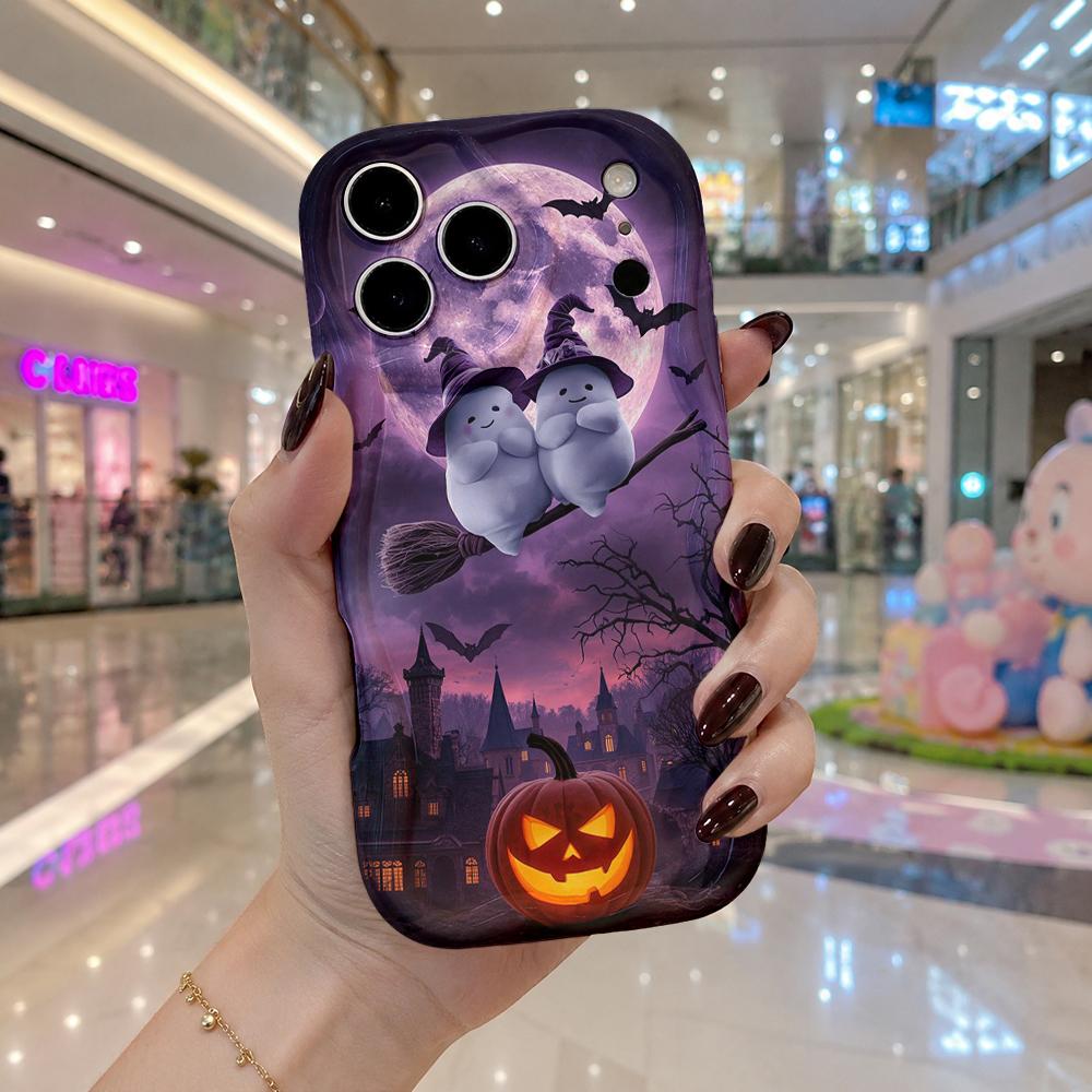 Halloween Cute Ghost Witch Broom Wavy Edge Phone Case For iPhone 16 15 14 Pro Max 13 12 11 Mini XR XS SE 2020 17 Air Cover