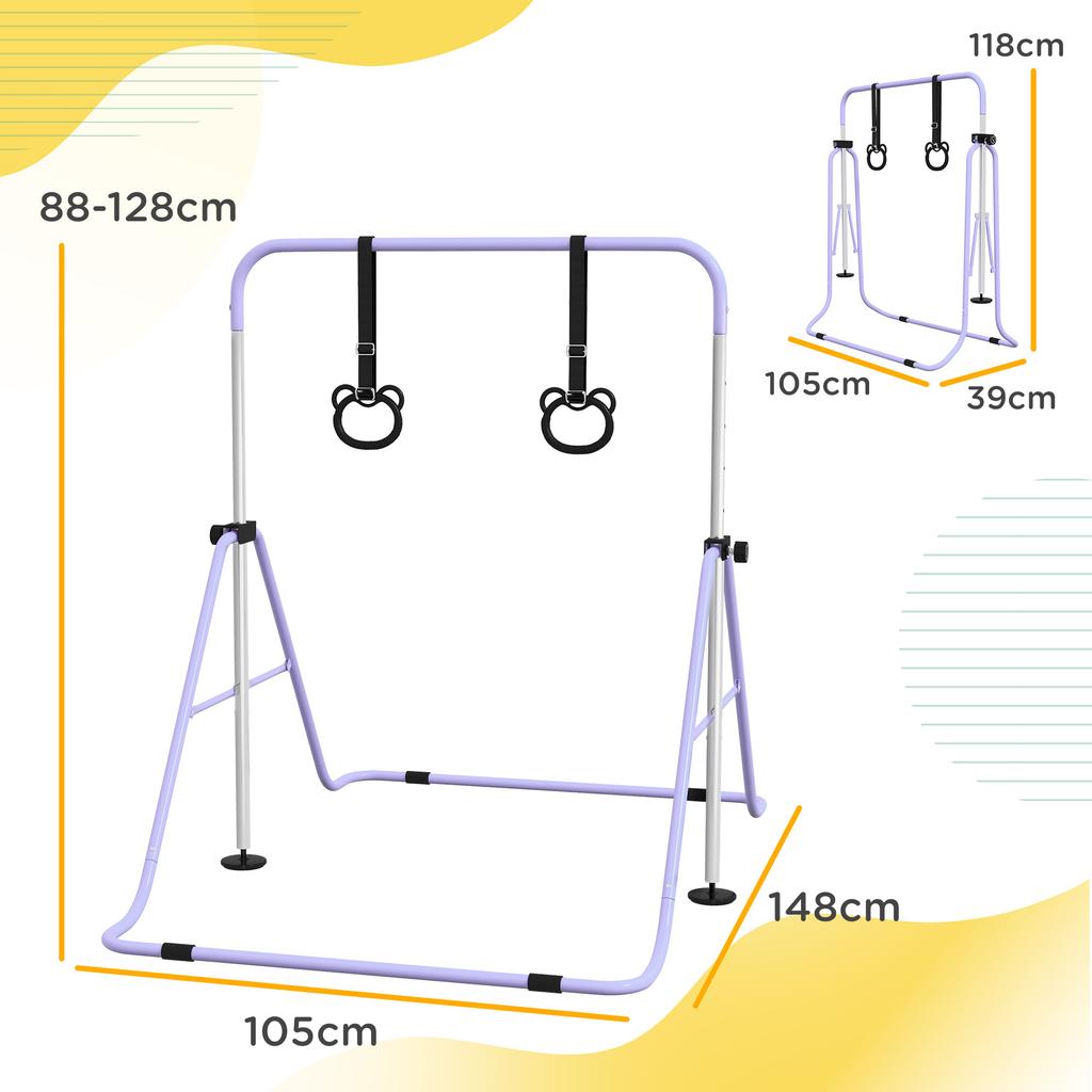 Adjustable Height, Foldable Kids Gymnastics Bar W/ Non-slip Rubber Floor Rings, for 3+ Years, Purple