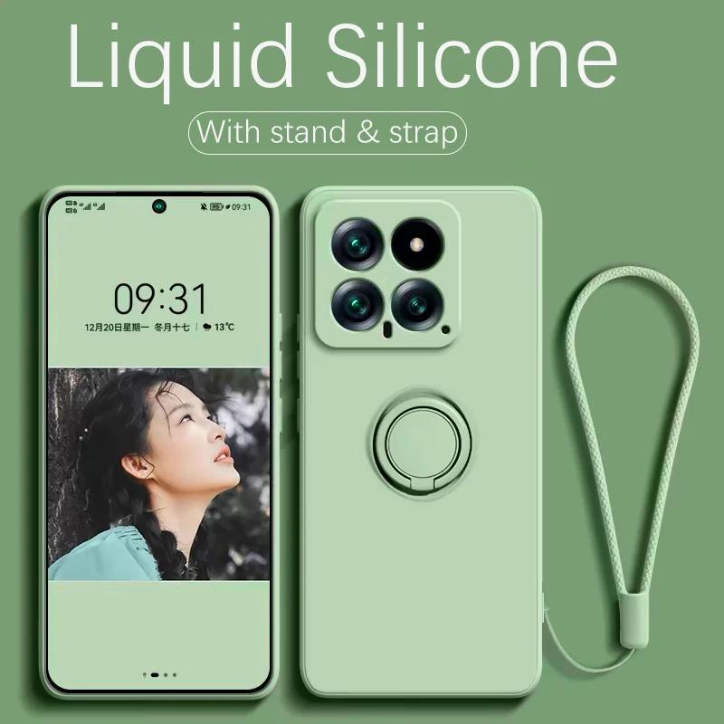 Liquid Silicone Case For Xiaomi 14T Pro 360 ° Rotating Ring Holder Cover For Xiaomi 15 14 13 12 13T 12T Pro Fundas With Strap