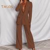 2 Pcs/Set Women Suit Coat Pants Set Deep V Neck Lapel Single Button Closure Mid Length Cardigan Long Sleeve Jacket Straight Trousers Lady Formal