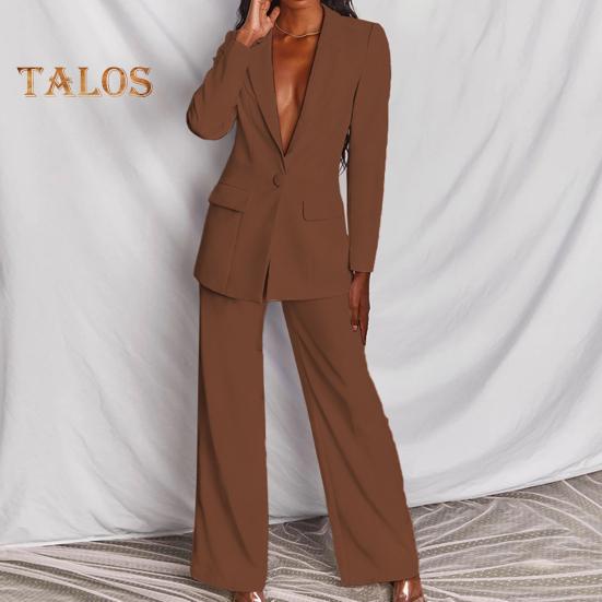 2 Pcs/Set Women Suit Coat Pants Set Deep V Neck Lapel Single Button Closure Mid Length Cardigan Long Sleeve Jacket Straight Trousers Lady Formal