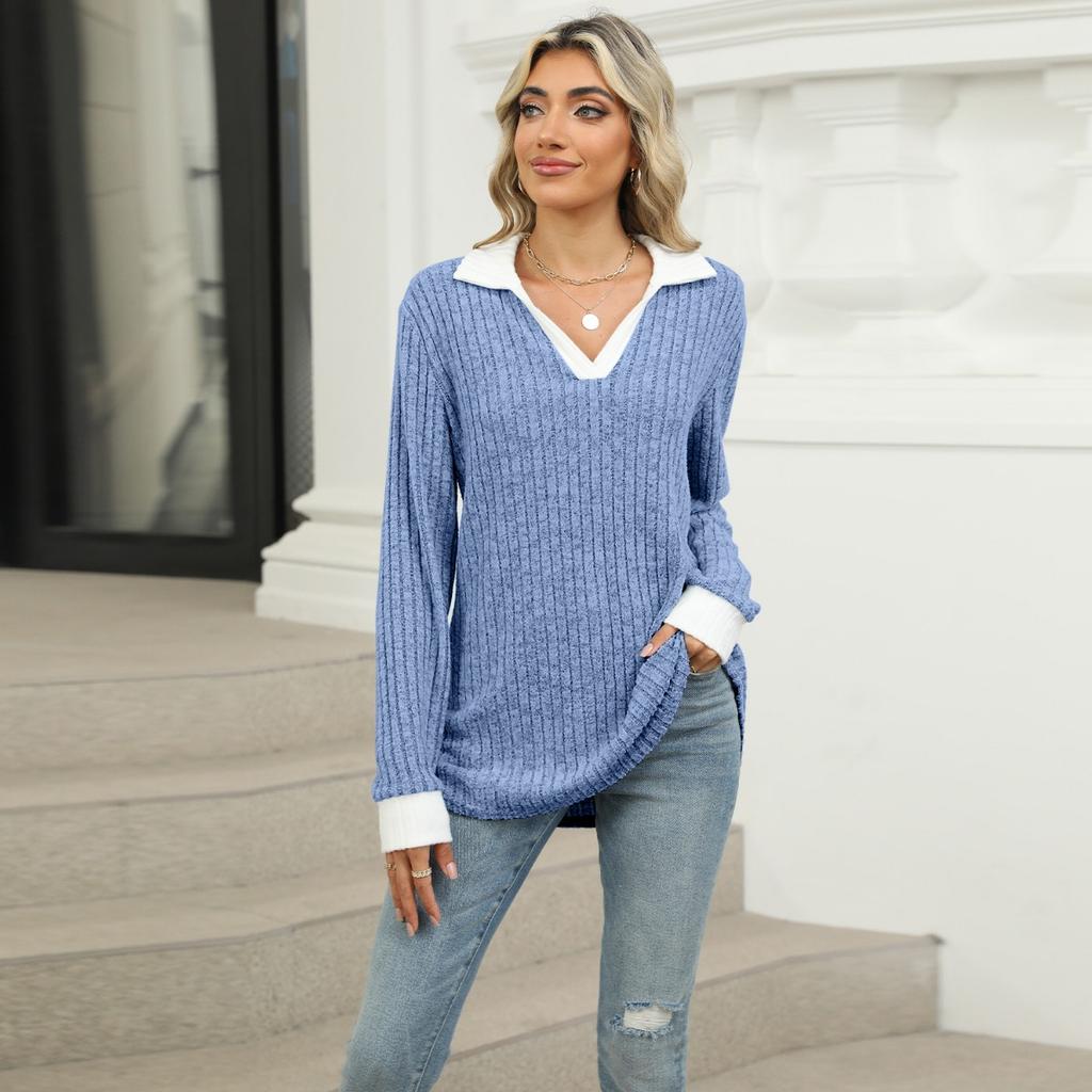 Fall Winter New Women's Colorblock Collared Long Sleeve Loose T-shirt Top Casual Daily Wear