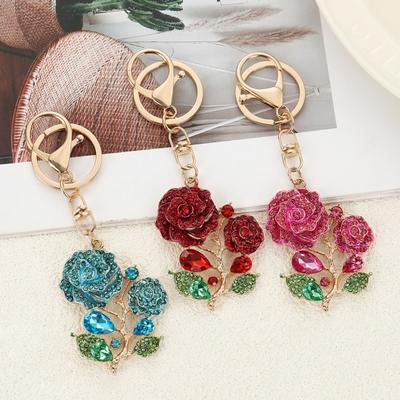 Bling Rose Keychain for Women Rhinestone Flower Keyring Accessory Sparkling Bag Charm for Purse