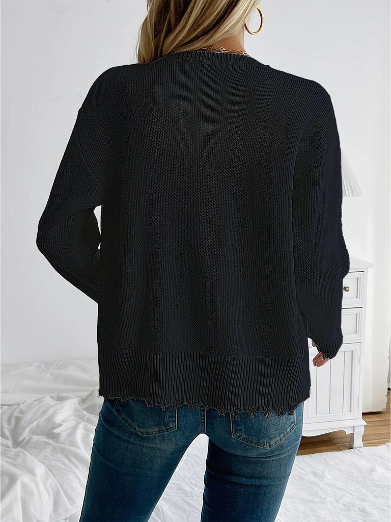 2024 European & American Casual Pearl Round Neck Long Sleeve Black Cardigan Coat