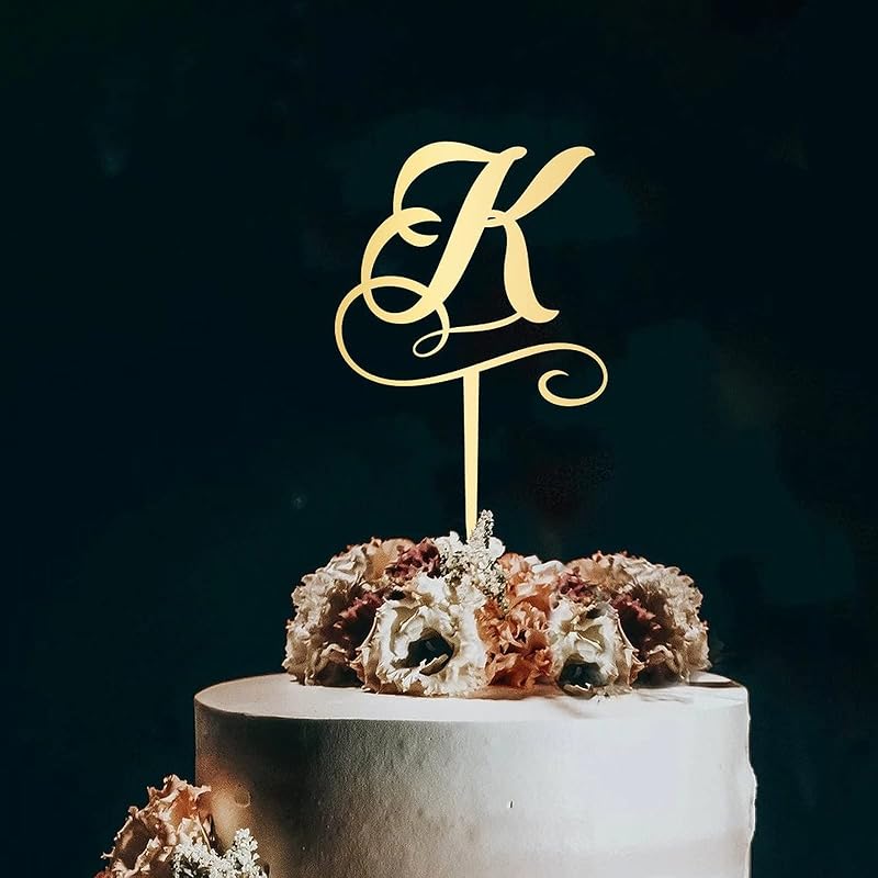 Initial Letter K Cake Topper Monogram Acrylic Cupcake Topper Funny Cake Accessories for Wedding Anniversary Birthday Party Decoration Mirror Gold