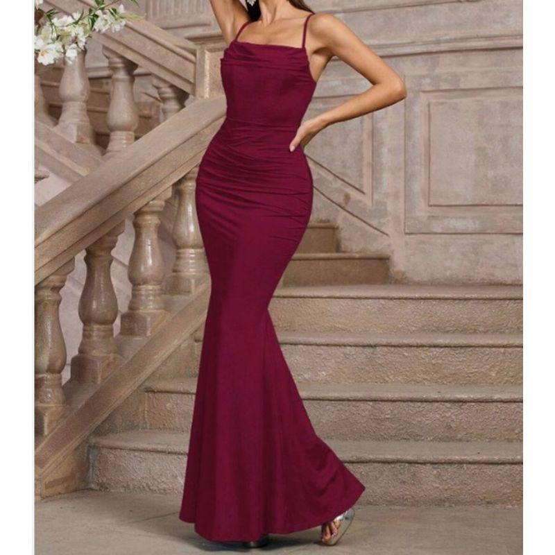 

Export Single Fashion Sexy Style Dress Plus Size Fishbone Tight Waist Sheath Fishtail Dress Sling New Year Christmas Burgundy XL
