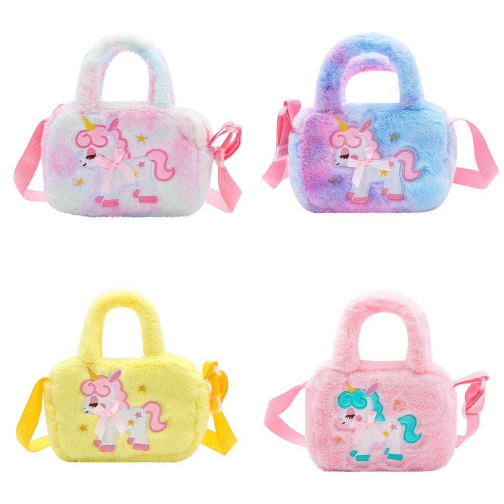 Cute Plush Unicorn Shoulder Bag For Kids Cartoon Design Soft And Fluffy Perfect For Kindergarten And Daily Use Purple