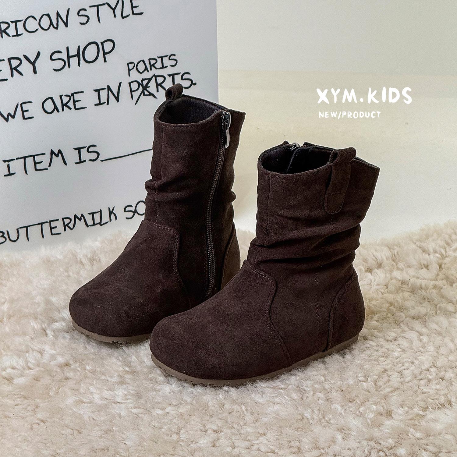 

Зима 2025 новые детские ботинки Корейская версия ретро ленивый ветер ботинки для девочек бархатные две хлопковые девочки полусапожки 30 коричневый